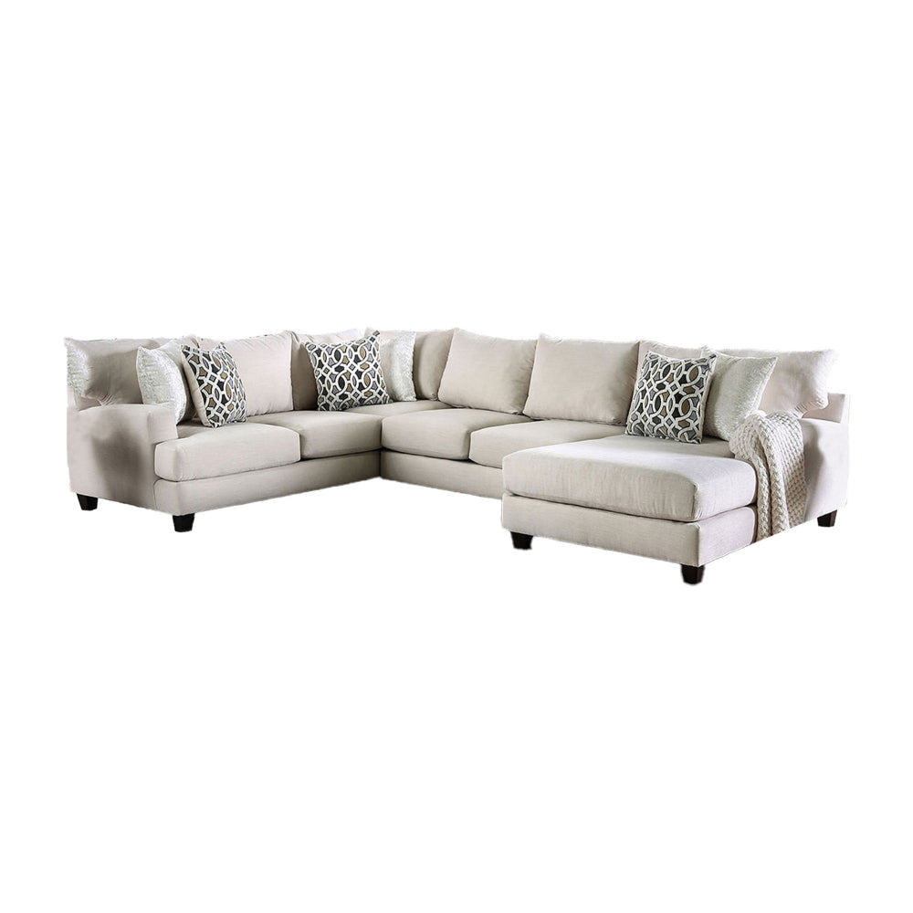 Moi Sectional Sofa, Beige Fabric, 6 Accent Throw Pillows, 141 Inch