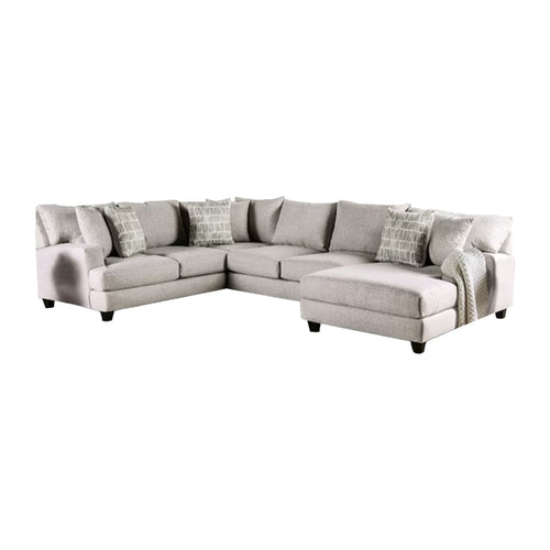 Abil Sectional Sofa, Light Gray Fabric, 6 Accent Pillows, 141 Inch