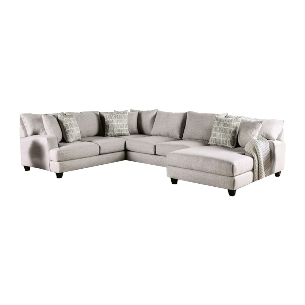 Abil Sectional Sofa, Light Gray Fabric, 6 Accent Pillows, 141 Inch