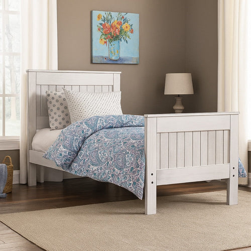 Waly Queen Bed, Farmhouse Plank Design, Classic White Solid Pine Wood