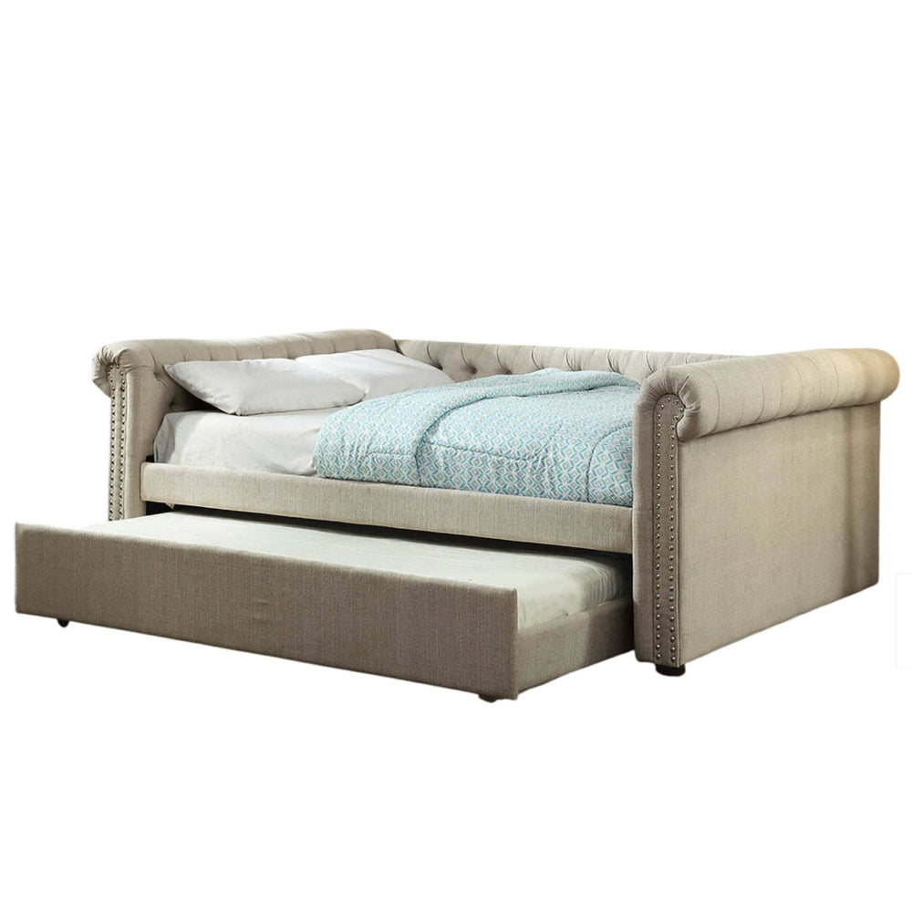 Leap Queen Daybed with Trundle Button Tufting Beige Linen Upholstery BM328856