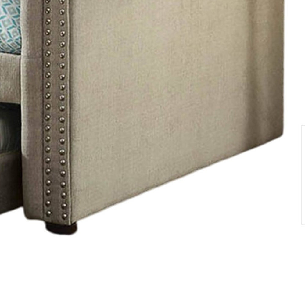 Leap Queen Daybed with Trundle Button Tufting Beige Linen Upholstery BM328856
