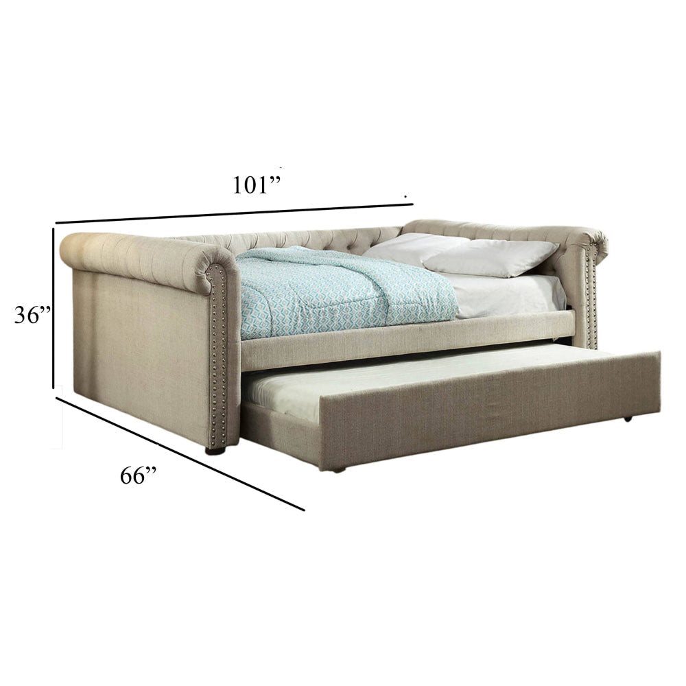 Leap Queen Daybed with Trundle Button Tufting Beige Linen Upholstery BM328856