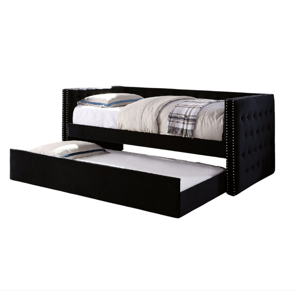Suzo Daybed with Trundle Black Flannelette Upholstery Nailhead Trim BM328859