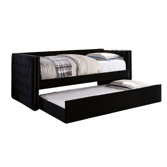 Suzo Daybed with Trundle, Black Flannelette Upholstery, Nailhead Trim