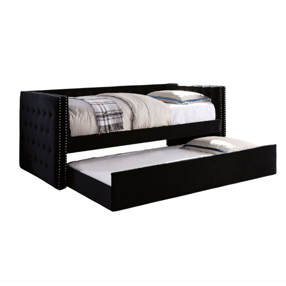 Suzo Daybed with Trundle, Black Flannelette Upholstery, Nailhead Trim