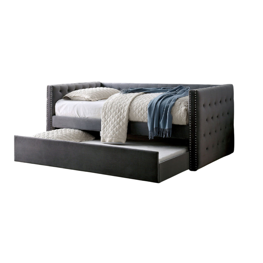 Suzo Daybed with Trundle Gray Flannelette Upholstery Nailhead Trim BM328860