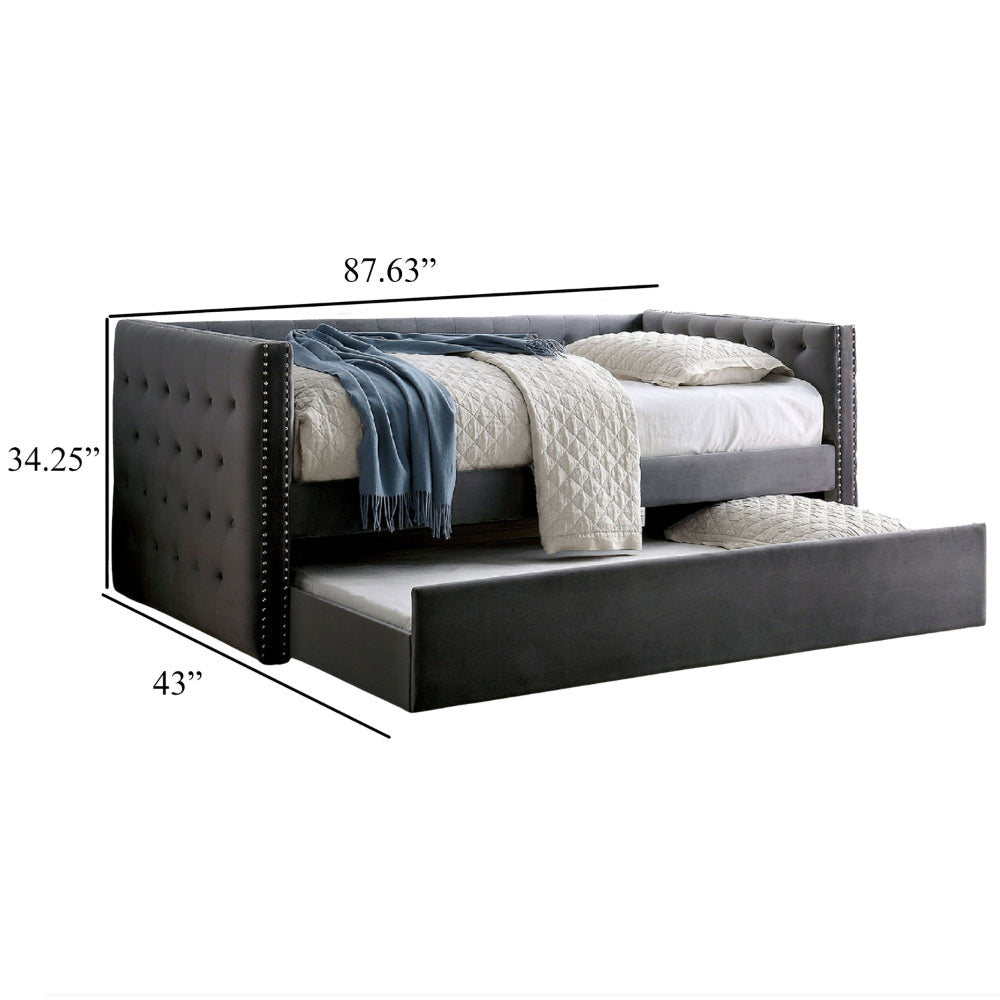Suzo Daybed with Trundle Gray Flannelette Upholstery Nailhead Trim BM328860