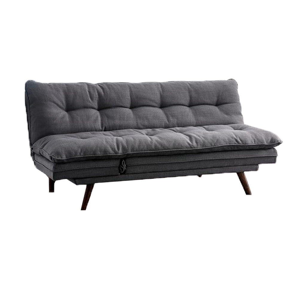 Futon Sofa, Gray Fabric Upholstered, Button Tufting, Solid Wood Frame