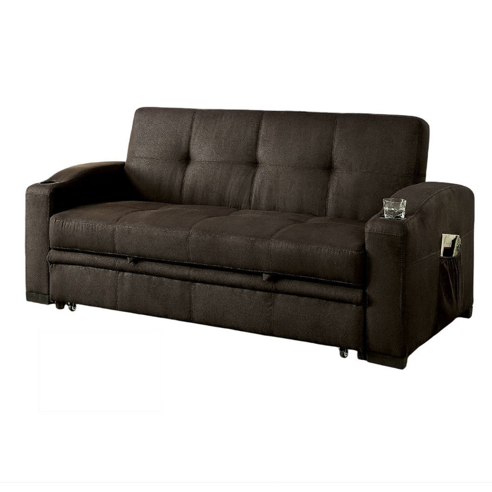 Futon Sofa Brown Fabric Upholstery Pull Out Base Button Tufting BM328866