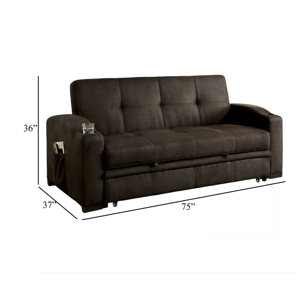 Futon Sofa Brown Fabric Upholstery Pull Out Base Button Tufting BM328866