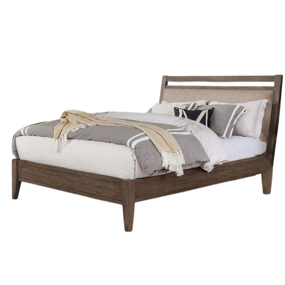Wana Queen Size Bed with Beige Headboard Gray Brown Solid Wood