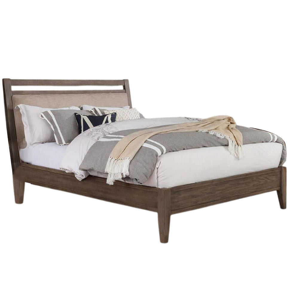 Wana Queen Size Bed with Beige Headboard, Gray Brown Solid Wood