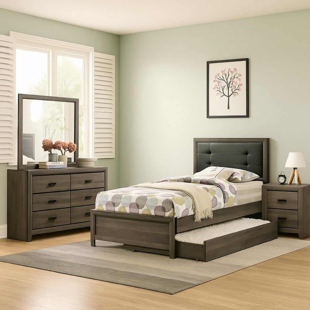 Meli 4pc Twin Size Bed Set with Dresser, Dark Gray Solid Wood Frame