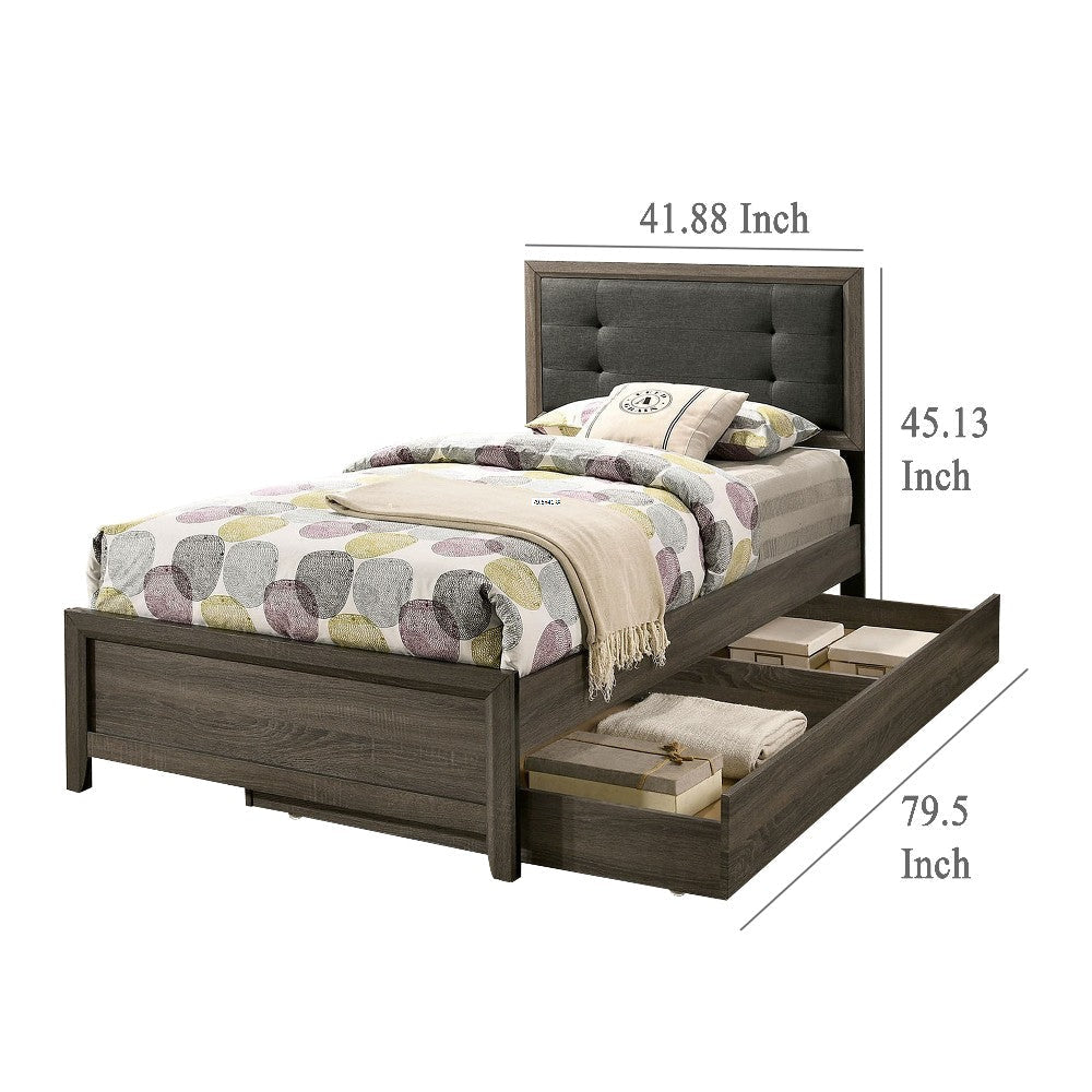 Meli Twin Size Bed Button Tufted Upholstery Dark Gray Solid Wood