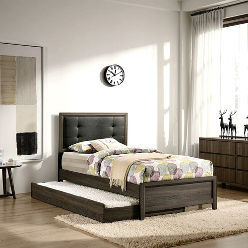 Meli Twin Size Bed, Button Tufted Upholstery, Dark Gray Solid Wood