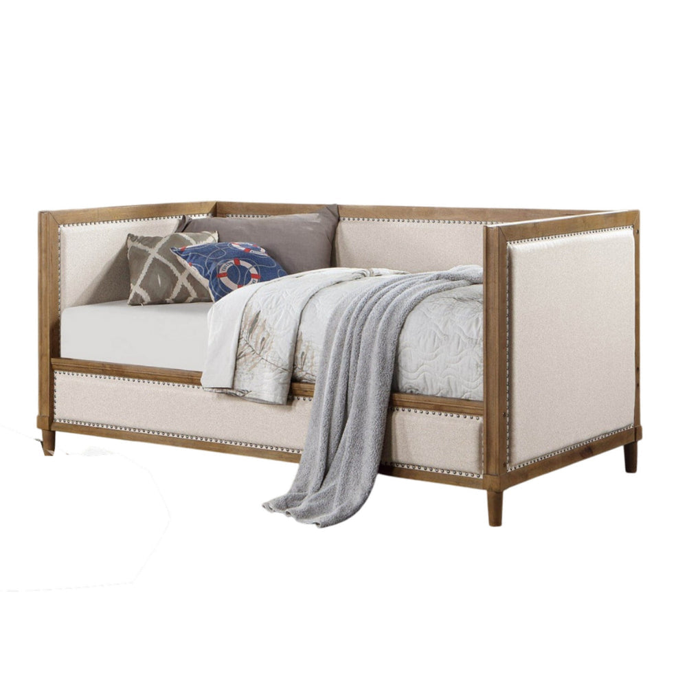 Kyra Twin Daybed with Nailhead Trim Light Oak Pinewood Beige Fabric BM328907