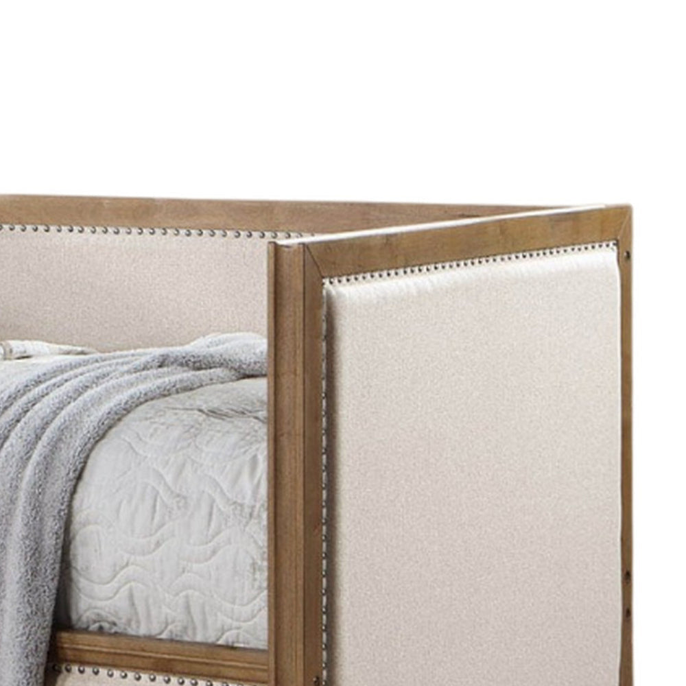 Kyra Twin Daybed with Nailhead Trim Light Oak Pinewood Beige Fabric BM328907