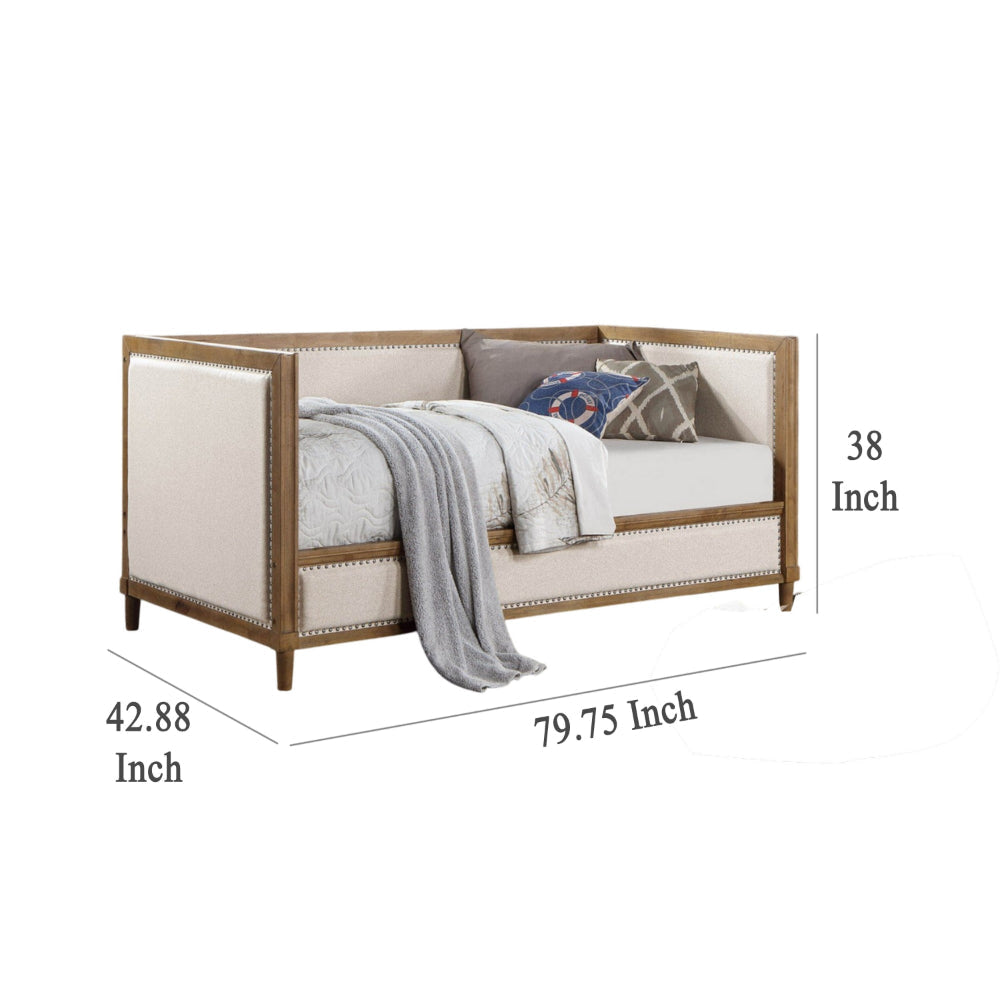 Kyra Twin Daybed with Nailhead Trim Light Oak Pinewood Beige Fabric BM328907