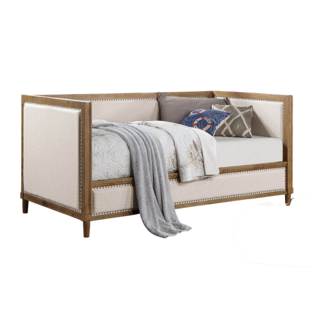 Kyra Twin Daybed with Nailhead Trim, Light Oak Pinewood, Beige Fabric