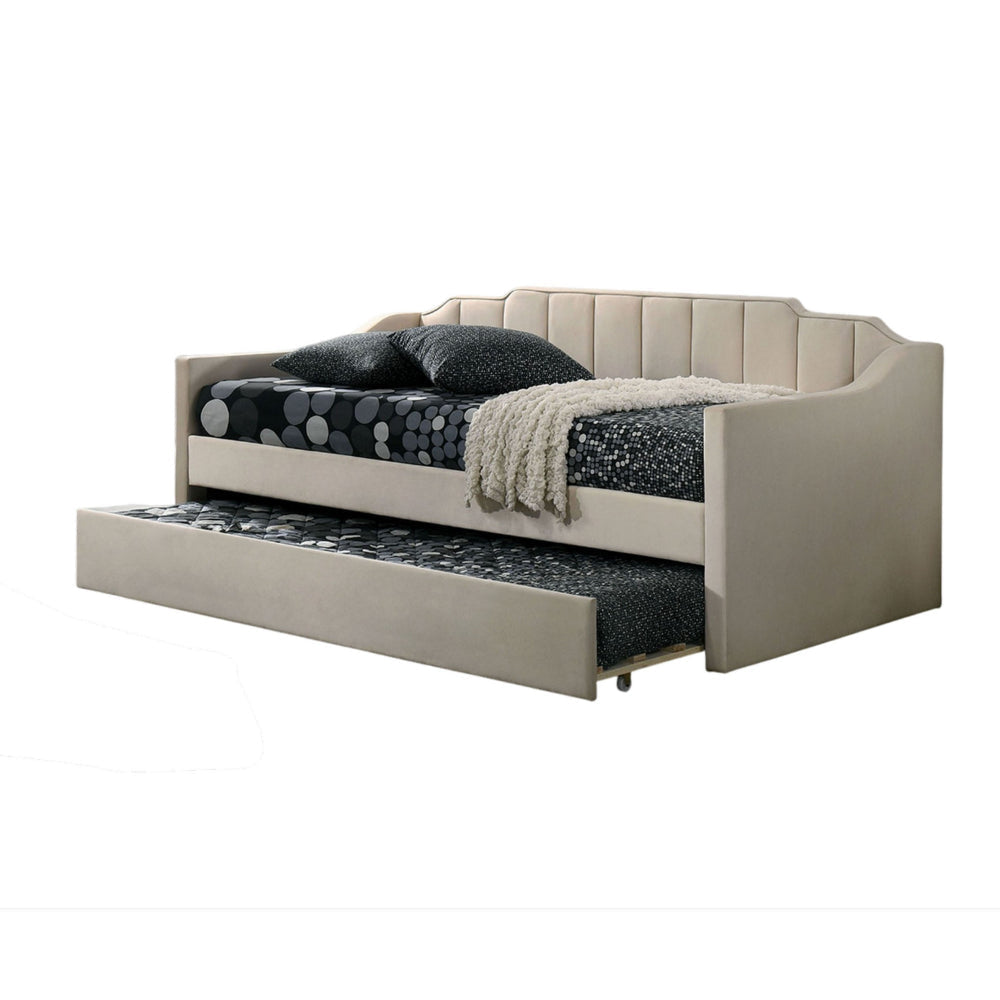 Oren Twin Daybed with Staircase Headboard Beige Channel Tufted Fabric BM328909
