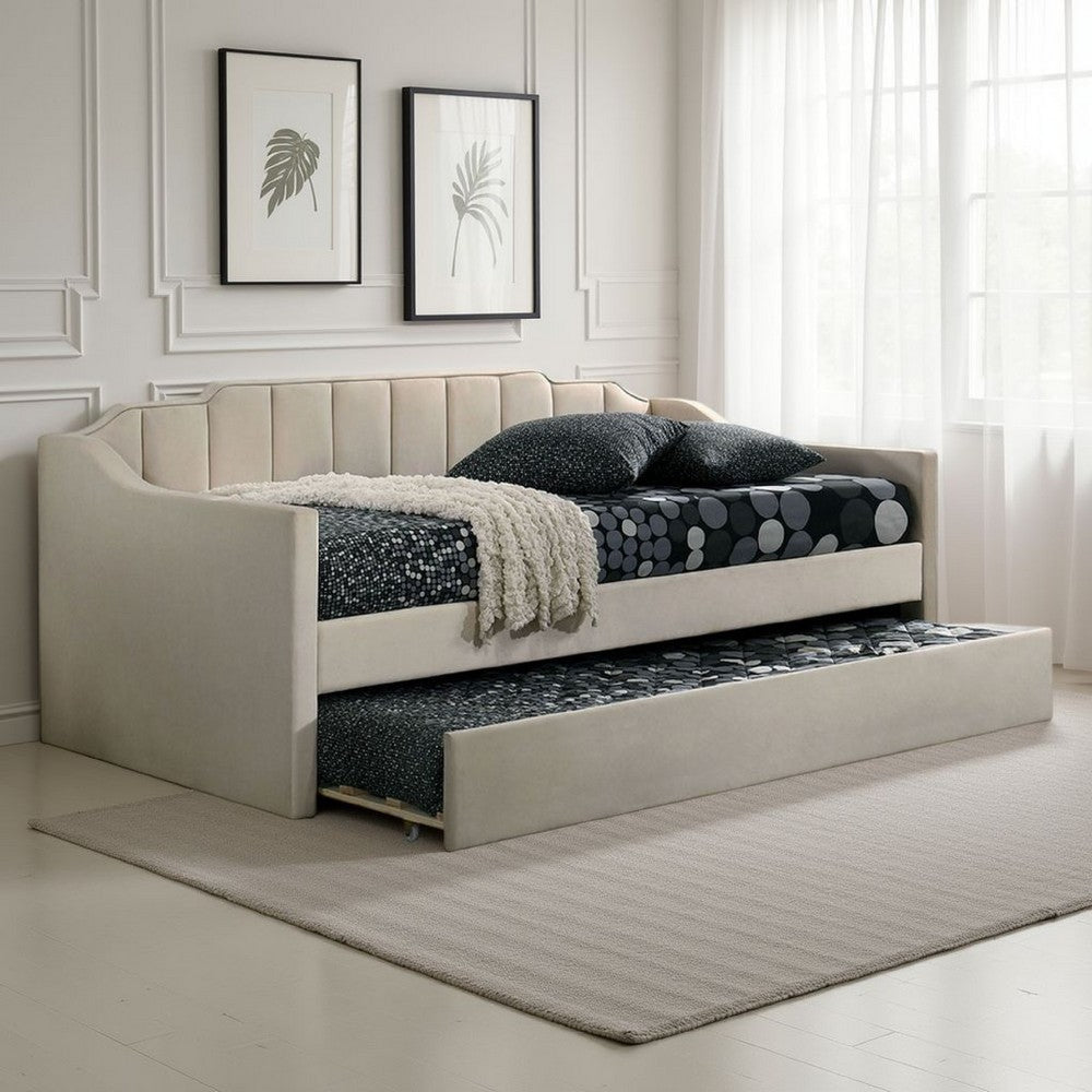 Oren Twin Daybed with Staircase Headboard, Beige Channel Tufted Fabric