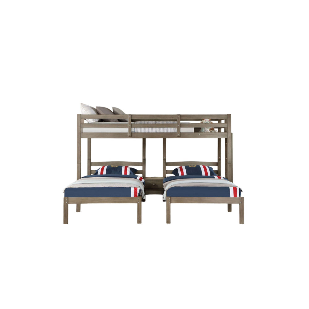 Tenn Triple Twin Bunk Bed Built In Nightstand and USB Port Gray Wood BM328916