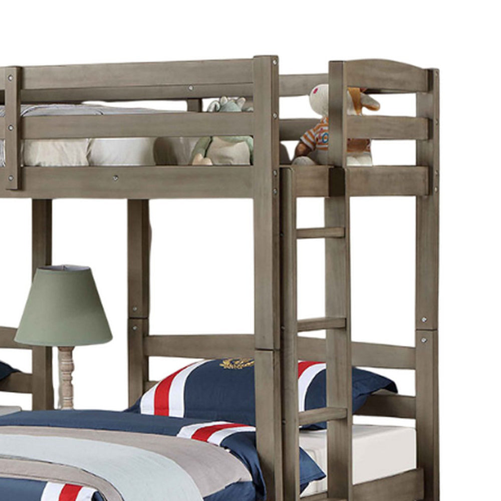 Tenn Triple Twin Bunk Bed Built In Nightstand and USB Port Gray Wood BM328916