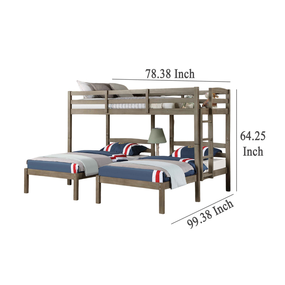 Tenn Triple Twin Bunk Bed Built In Nightstand and USB Port Gray Wood BM328916