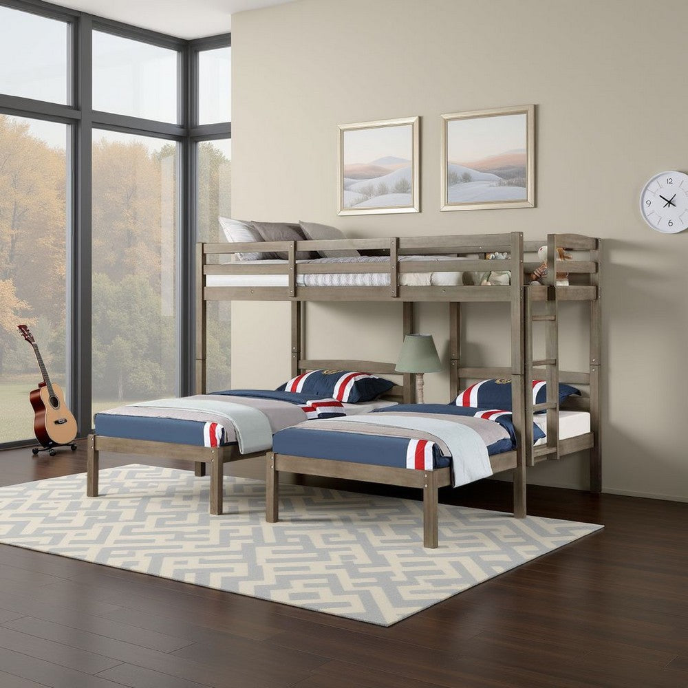 Tenn Triple Twin Bunk Bed Built In Nightstand and USB Port Gray Wood BM328916