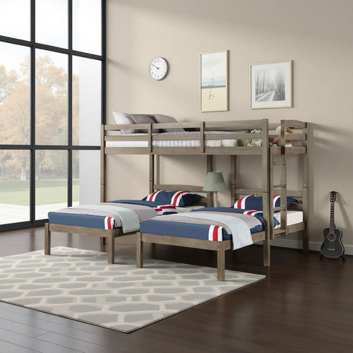 Tenn Triple Twin Bunk Bed, Built In Nightstand and USB Port, Gray Wood