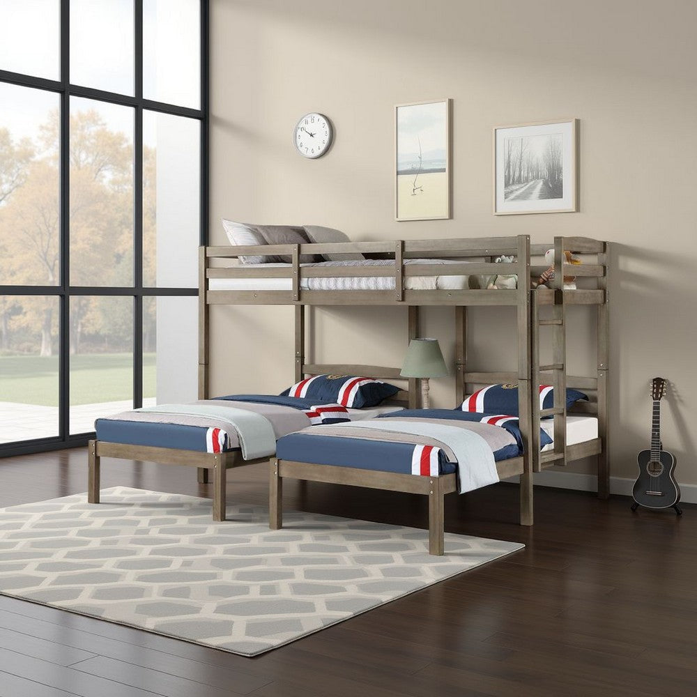 Tenn Triple Twin Bunk Bed, Built In Nightstand and USB Port, Gray Wood