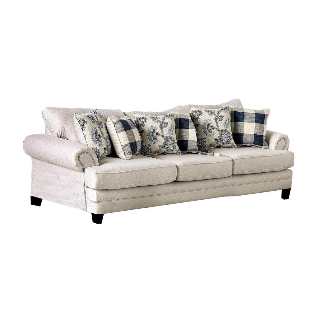 Amy 2pc Sofa and Loveseat Set w 9 Accent Pillows Ivory Faux Linen BM328924