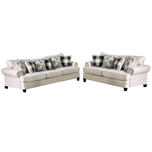Amy 2pc Sofa and Loveseat Set w 9 Accent Pillows, Ivory Faux Linen