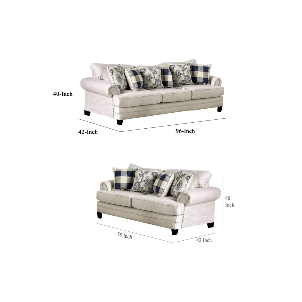 Amy 2pc Sofa and Loveseat Set w 9 Accent Pillows Ivory Faux Linen BM328924