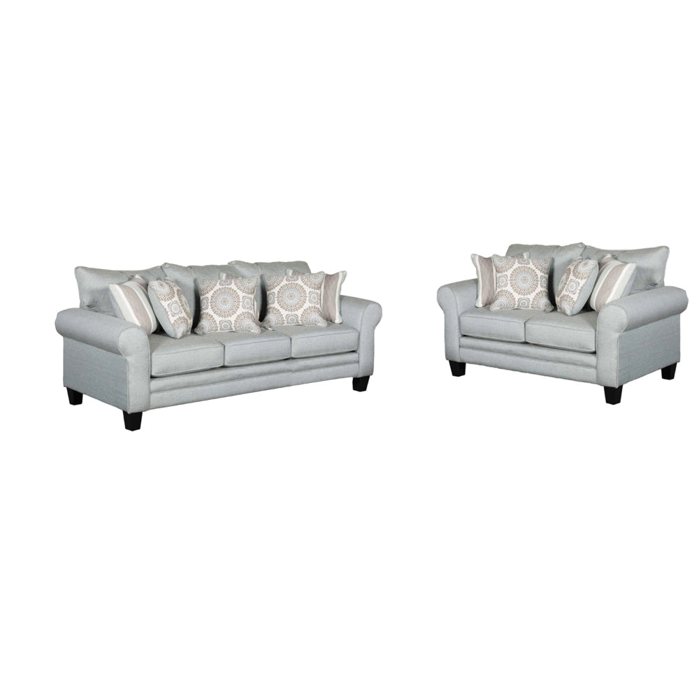 Tyea 2pc Sofa and Loveseat Set w 8 Accent Pillows, Blue Gray Fabric