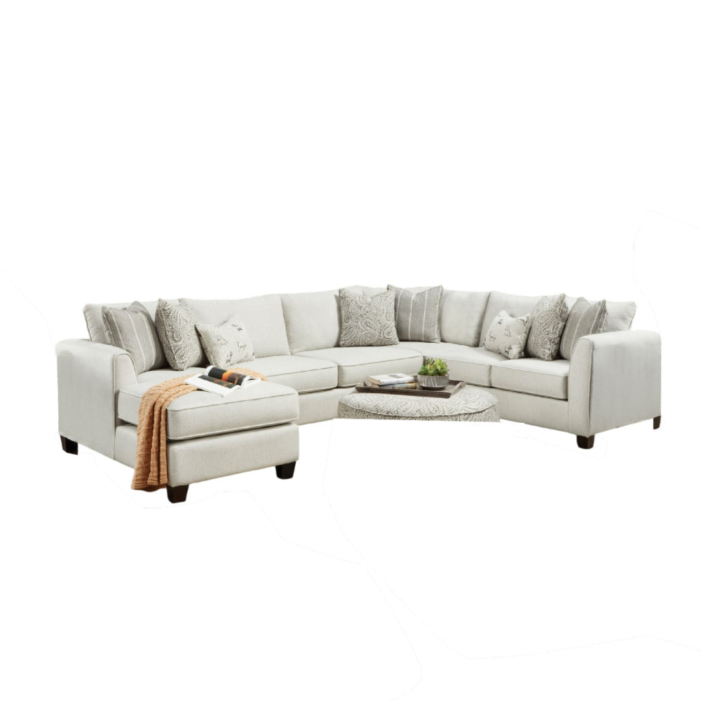 Teni Sectional Sofa w Chaise 8 Throw Pillows Ivory Chenille 140 Inch BM328937