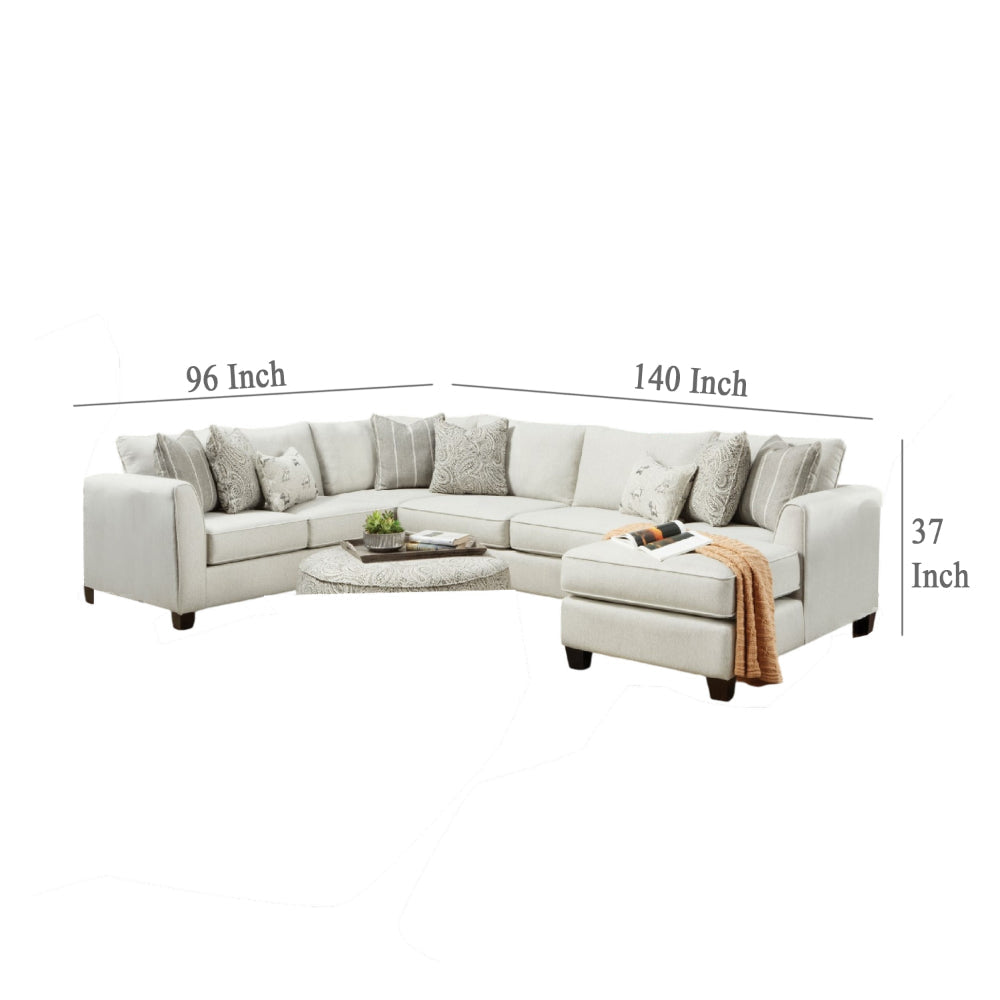 Teni Sectional Sofa w Chaise 8 Throw Pillows Ivory Chenille 140 Inch BM328937