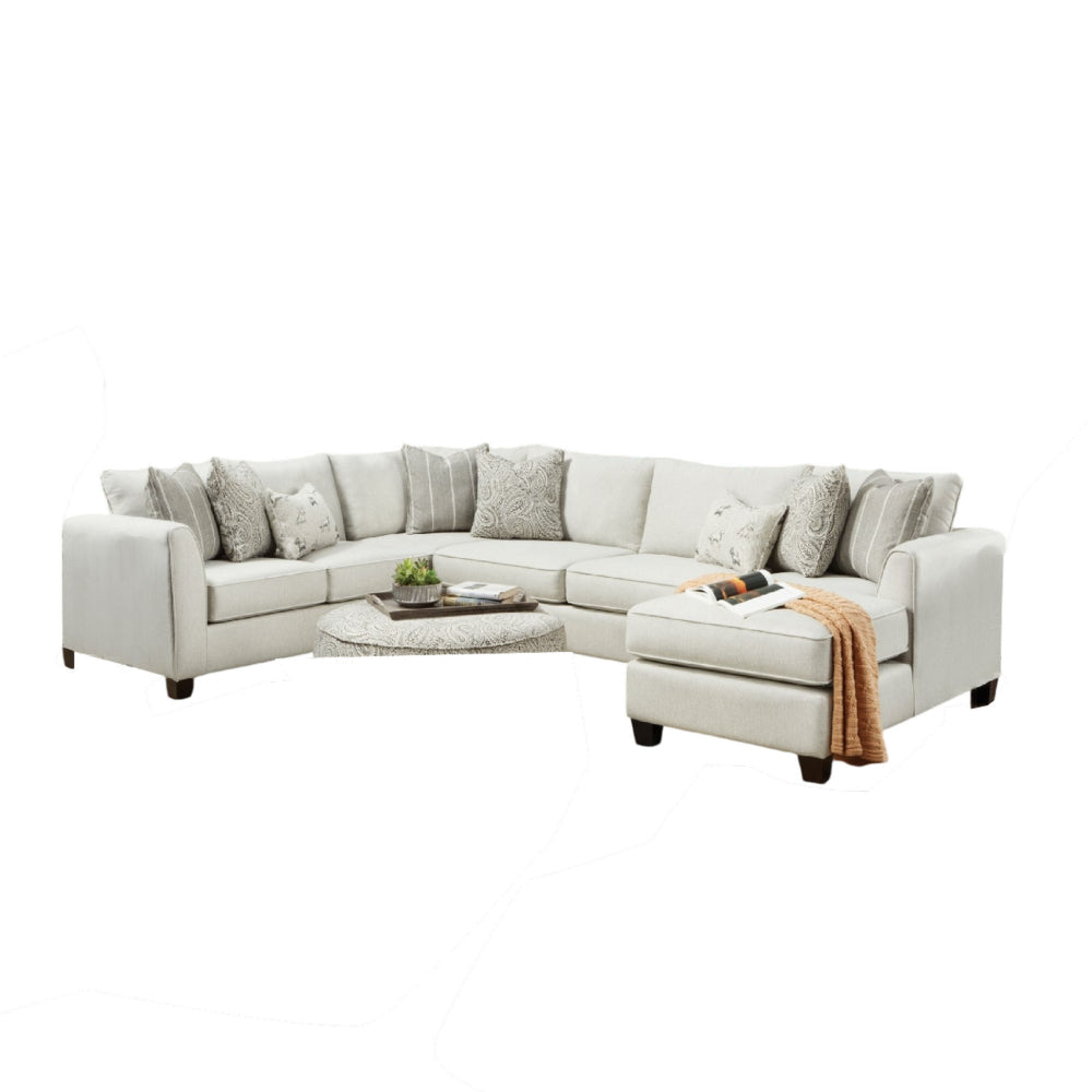 Teni Sectional Sofa w Chaise, 8 Throw Pillows, Ivory Chenille 140 Inch