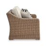 Ashley Tira Outdoor Loveseat 57 Inch Handwoven Resin Wicker Beige Pillows BM328961
