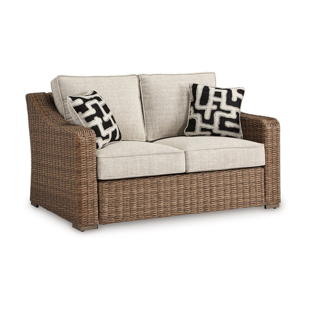 Ashley Tira Outdoor Loveseat, 57 Inch Handwoven Resin Wicker, Beige, Pillows