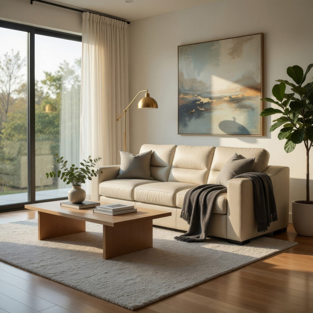 Ashley Rove Sofa, 93 Inch, Plush Cushioned Cream Real and Faux Leather Seats