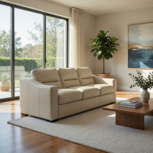Ashley Rove Sofa, 93 Inch, Plush Cushioned Cream Real and Faux Leather Seats