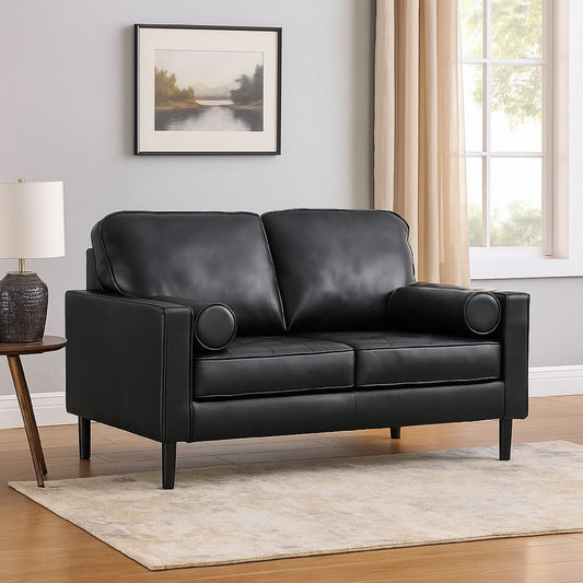 Ashley Bryc Loveseat, 2 Bolster Pillows, 61 Inch Black Real and Faux Leather