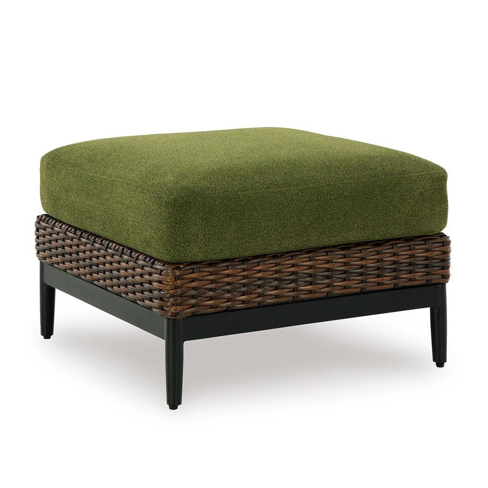 Ashley Izon Outdoor Ottoman, Brown Woven Wicker, Green Polyester, 28 Inch