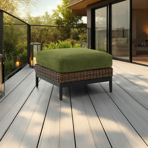 Ashley Izon Outdoor Ottoman, Brown Woven Wicker, Green Polyester, 28 Inch