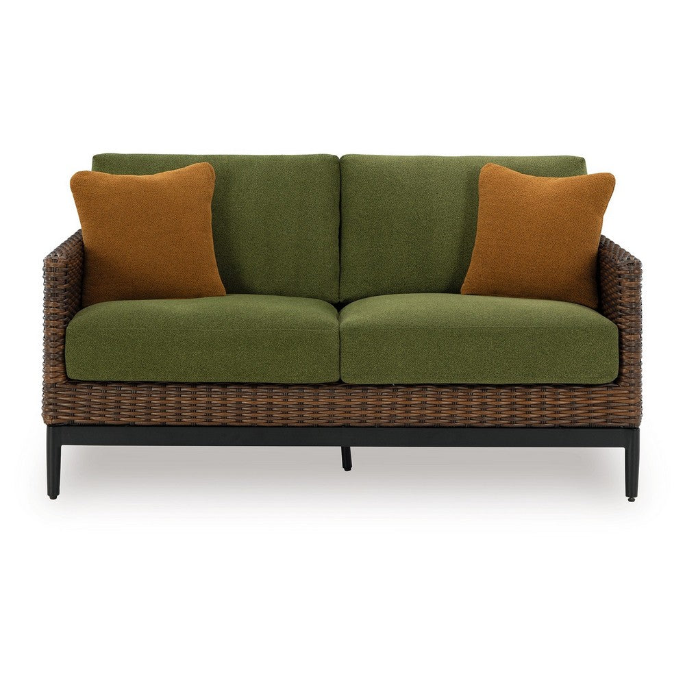 Ashley Izon Outdoor Loveseat, 2 Throw Pillows, Green, Brown Woven, 60 Inch