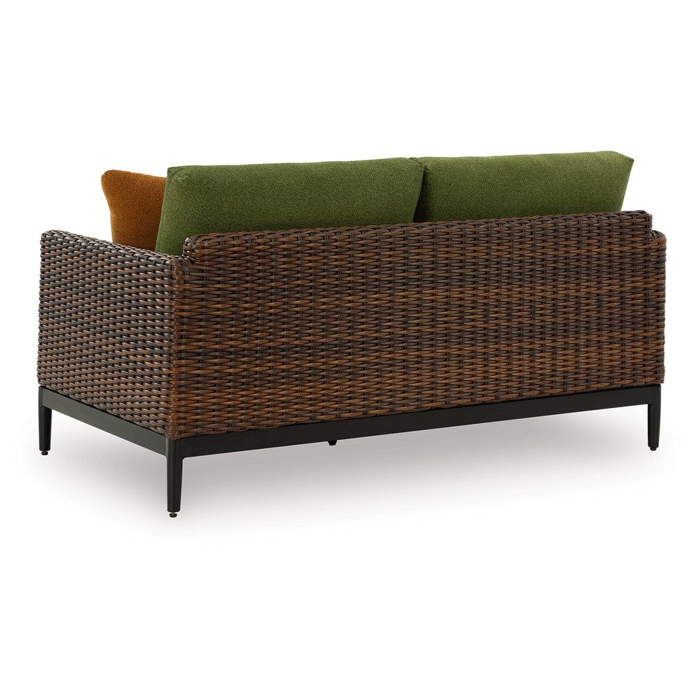 Ashley Izon Outdoor Loveseat, 2 Throw Pillows, Green, Brown Woven, 60 Inch