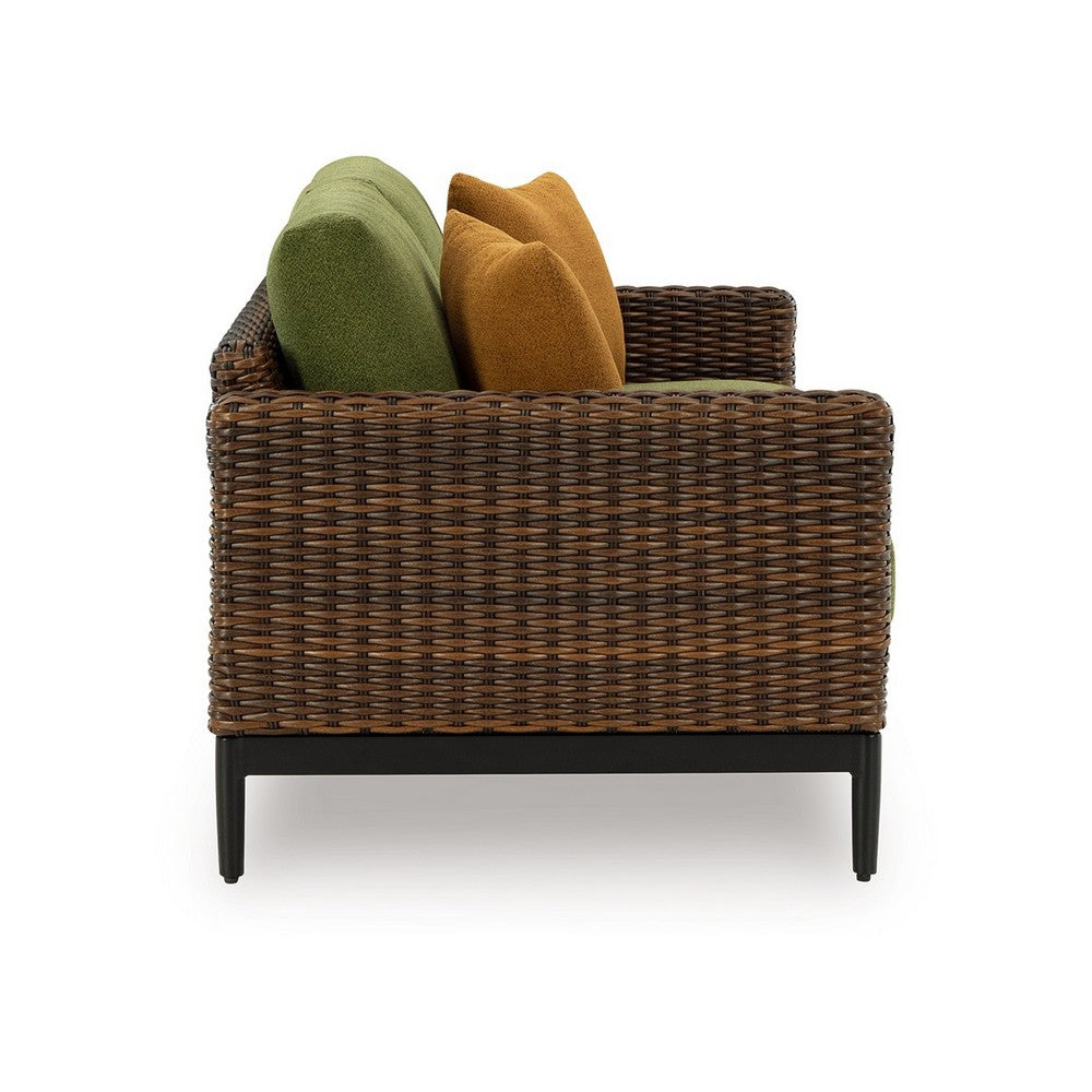 Ashley Izon Outdoor Loveseat, 2 Throw Pillows, Green, Brown Woven, 60 Inch