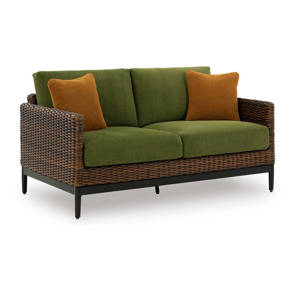 Ashley Izon Outdoor Loveseat, 2 Throw Pillows, Green, Brown Woven, 60 Inch